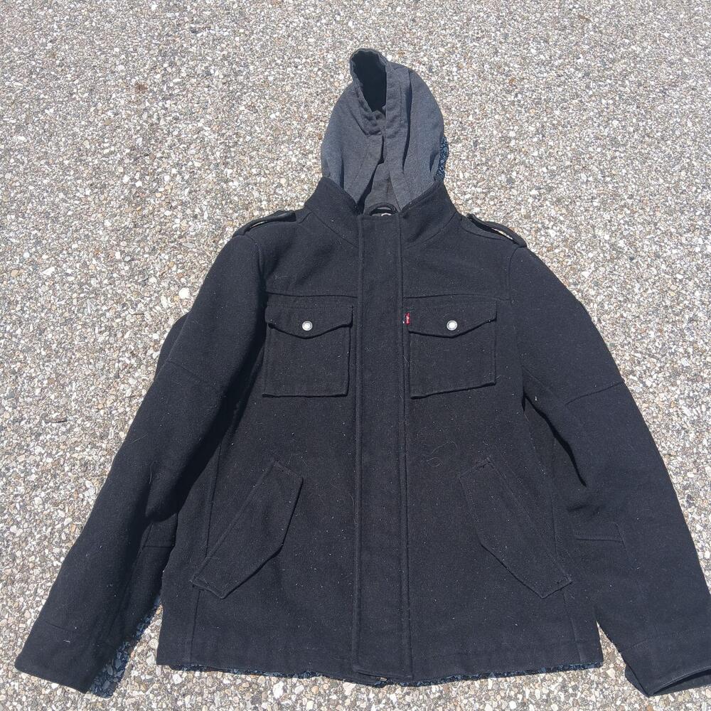 Levis Jacket Mens Small Black Wool Hooded Military Full Zip Lined Pockets